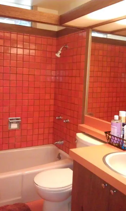 mid century mod orange bathroom tile