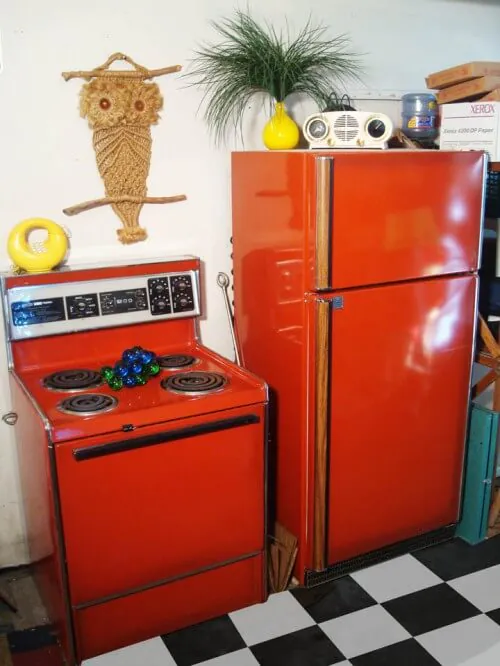 poppy red frigidaire refrigerator and stove