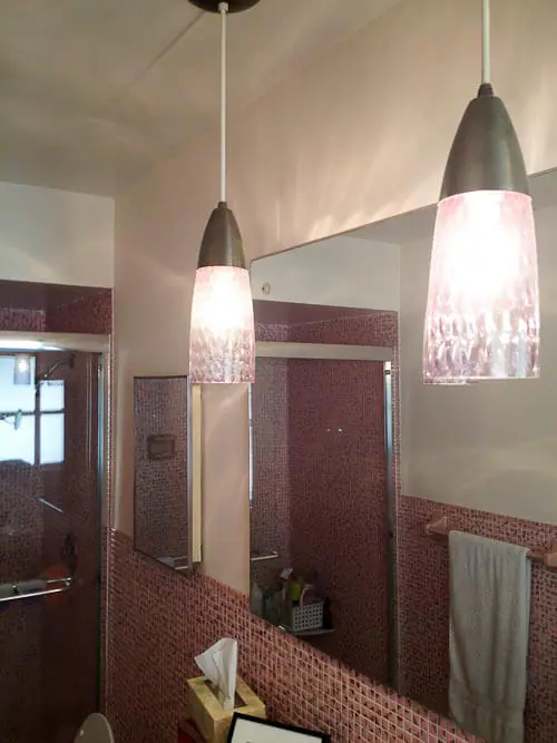pink-bathroom pendant lighting for a pink bathroom