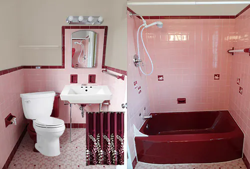 pink bath with white fixtures and maroon shower curtain