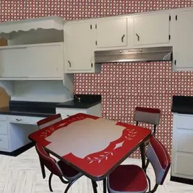 vintage-white-kitchen-with-red-wallpaper