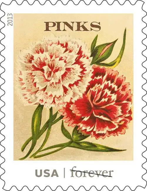 USPS vintage seed packet stamps pinks