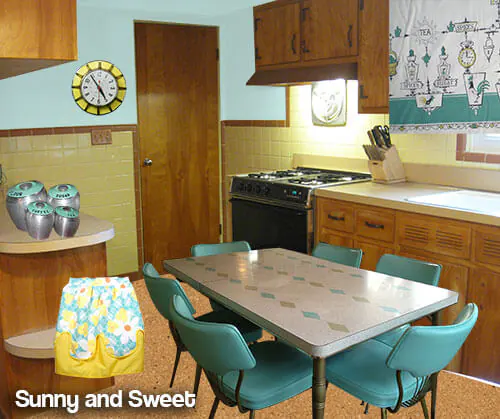 yellow and aqua mid century kitchen