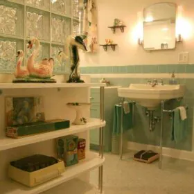 mid century blue bathroom