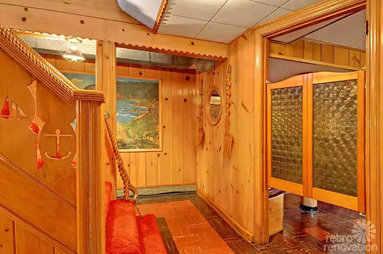 knotty pine basement in a time capsule house