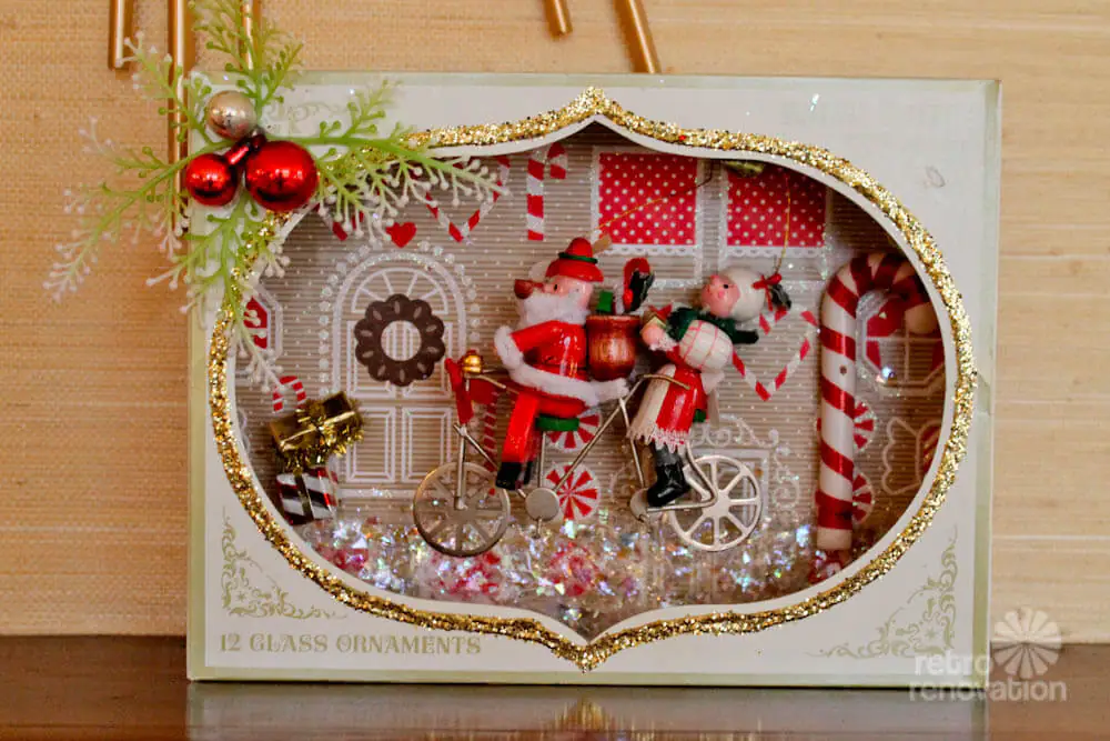 vintage christmas ornament box made into a shadow box