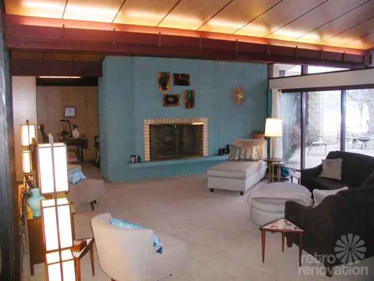 mid century living room fireplace