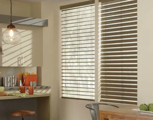window blinds turned up and down in a kitchen