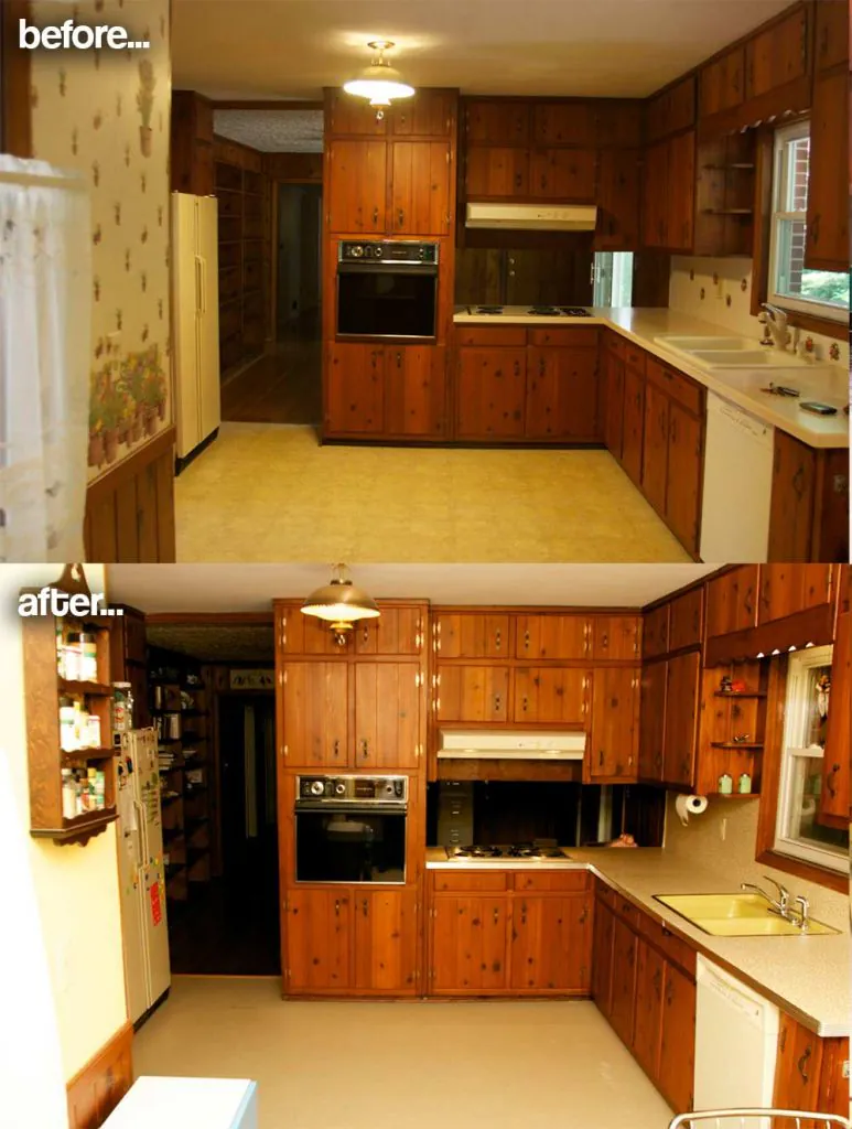 paint and countertops for a knotty pine kitchen