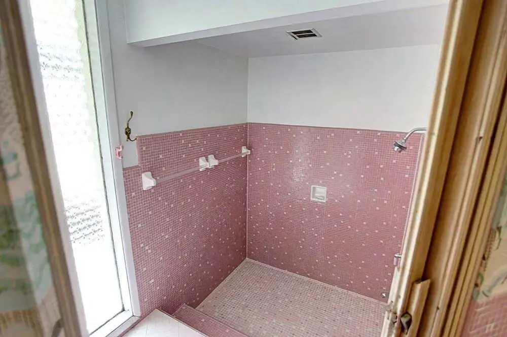 walk in shower with pink mosaic tile