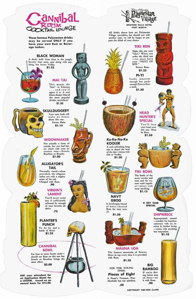 sven kirsten book Ren Clark's Polynesian Village Cocktail menu, 1962