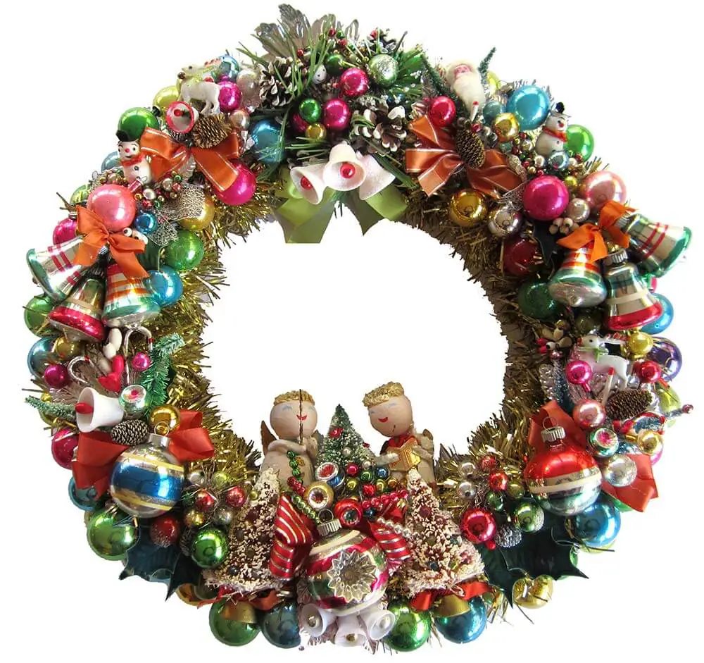 ornament wreath made with vintage christmas corsages