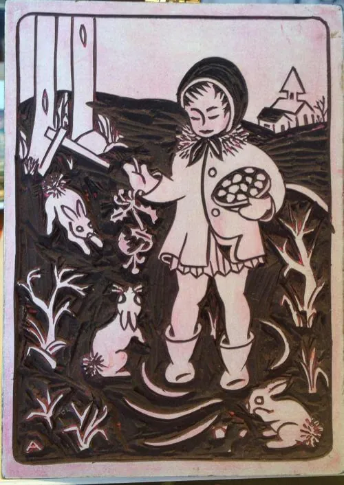 midcentury linoleum block print