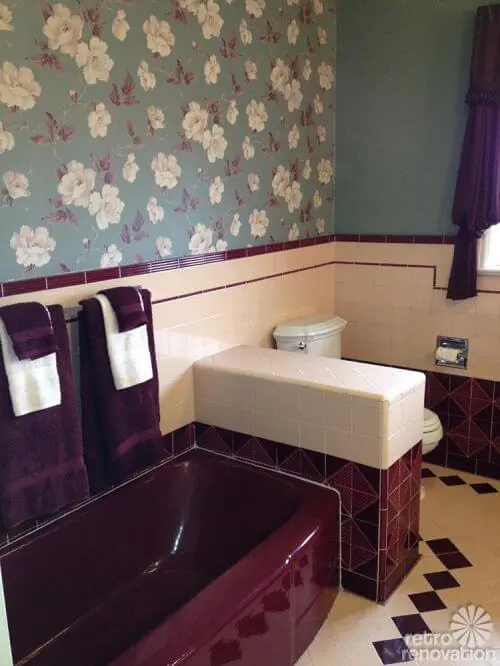 vintage maroon bathroom