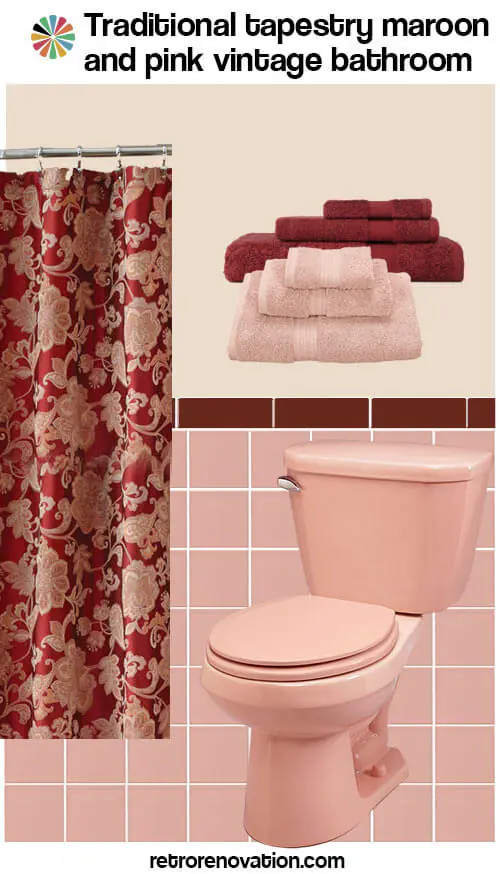 vintage pink and maroon bathroom