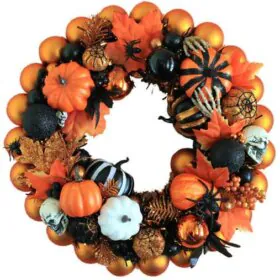Halloween wreath made from orange and black ornaments