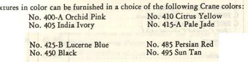 list of Crane fixture colors 1940