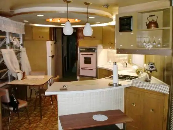 looking into the circular kitchen of Spartan mobile home