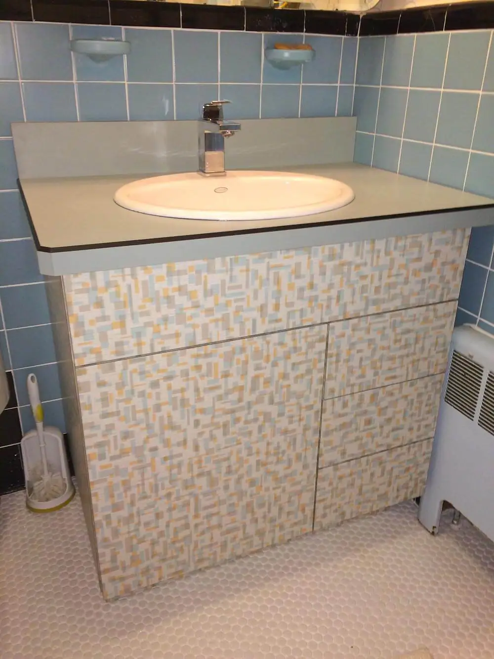 bathroom vanity covered in wilsonart betty laminate