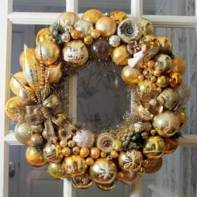gold ornament wreath made by Pam of Retro Renovation