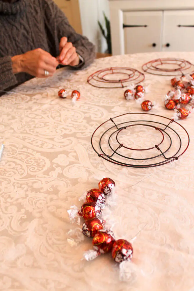 making a wreath from lindt chocolates
