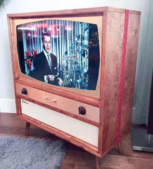 hide flatscreen tv in a mid century DIY cabinet