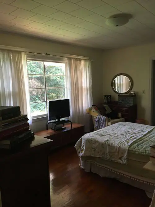 1958 bedroom with interesting original windows and ceiling tiles