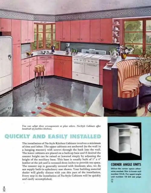 coral kitchen cabinets from the 1940s