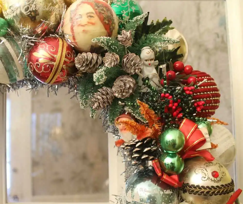 vintage Christmas corsage on an ornament wreath