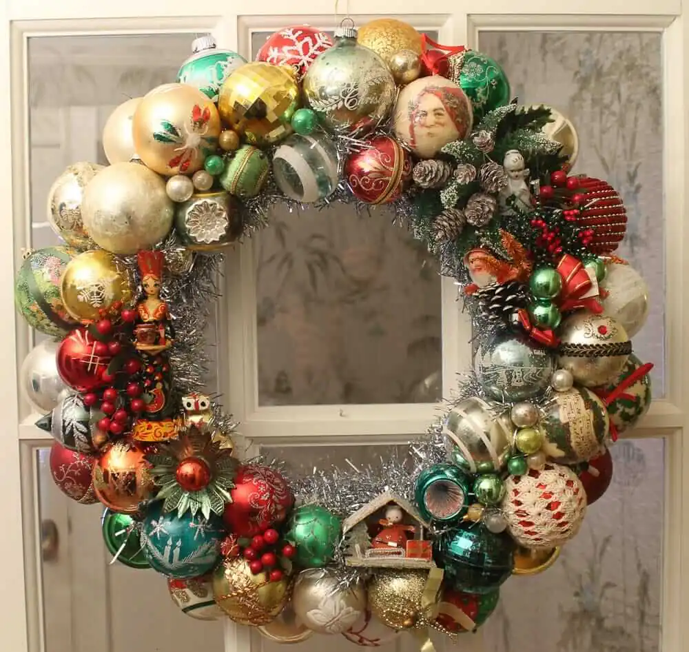 vintage ornament wreath that includes crocheted ornament decoupage ornament and more