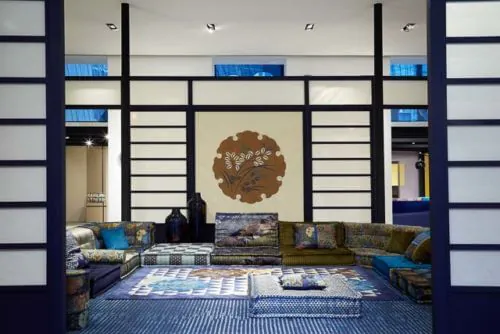 Kenzo Takada upholstery for Roche Bobois Mah Jong sofa in a room setting