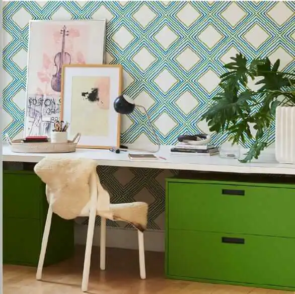 vintage vera neumann square dance wallpaper by schumacher in office setting