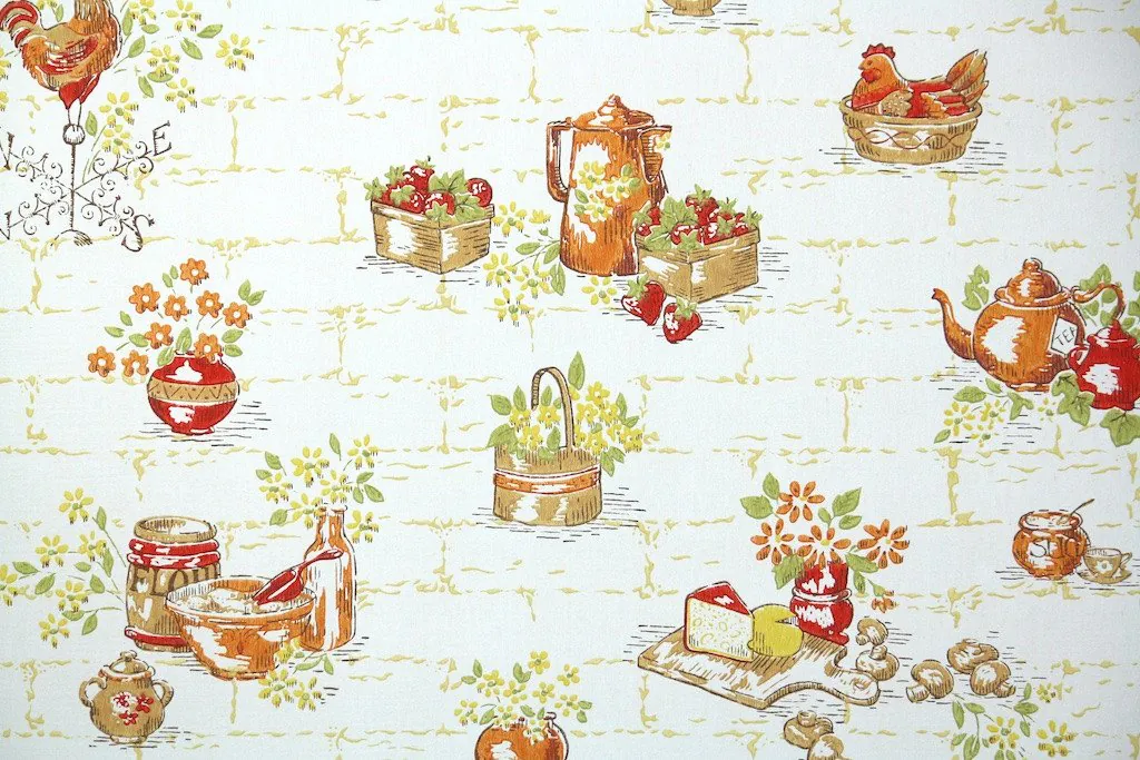 1960s wallpaper brick wall with chickens