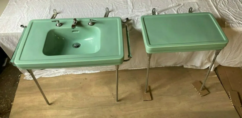 1941 Standard brand green bathroom sink and matching side table