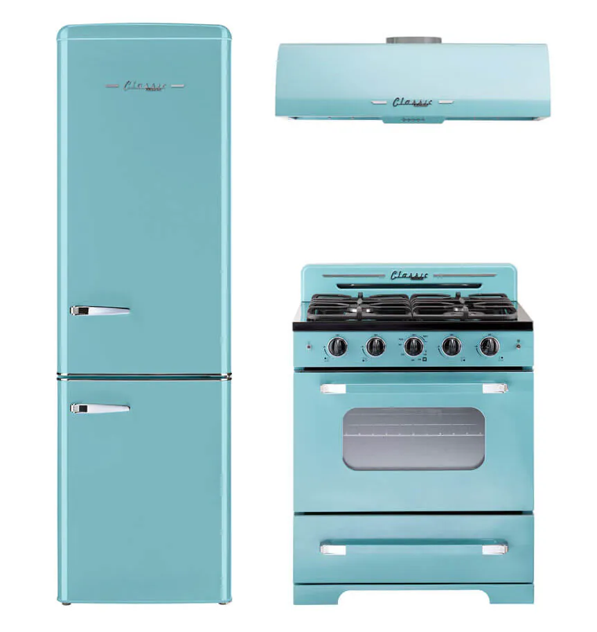 retro stove refrigerator and range hood in aqua by unique appliances